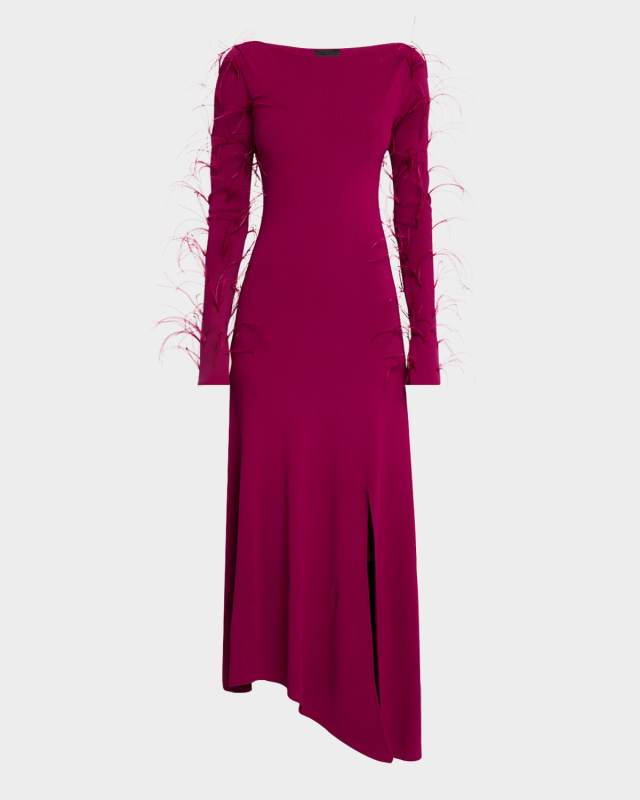 Feather Long-Sleeve Asymmetric Matte Viscose Midi Dress